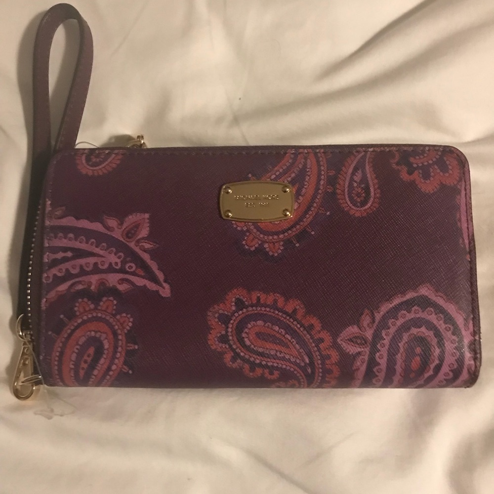 Purple paisley Michael Kors wallet w/ wrist strap